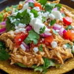 Crunchy Chicken Tostadas; A close-up shot of crispy chicken tostadas on a rustic wooden plate. Each tostada features a crunchy golden shell layered with creamy refried beans, juicy shredded chicken, crisp lettuce, diced tomatoes, red onions, crumbled queso fresco, and a drizzle of sour cream. Garnished with fresh cilantro and lime wedges on the side. A vibrant and mouthwatering Mexican-inspired dish, captured in natural lighting for a fresh and appetizing look.