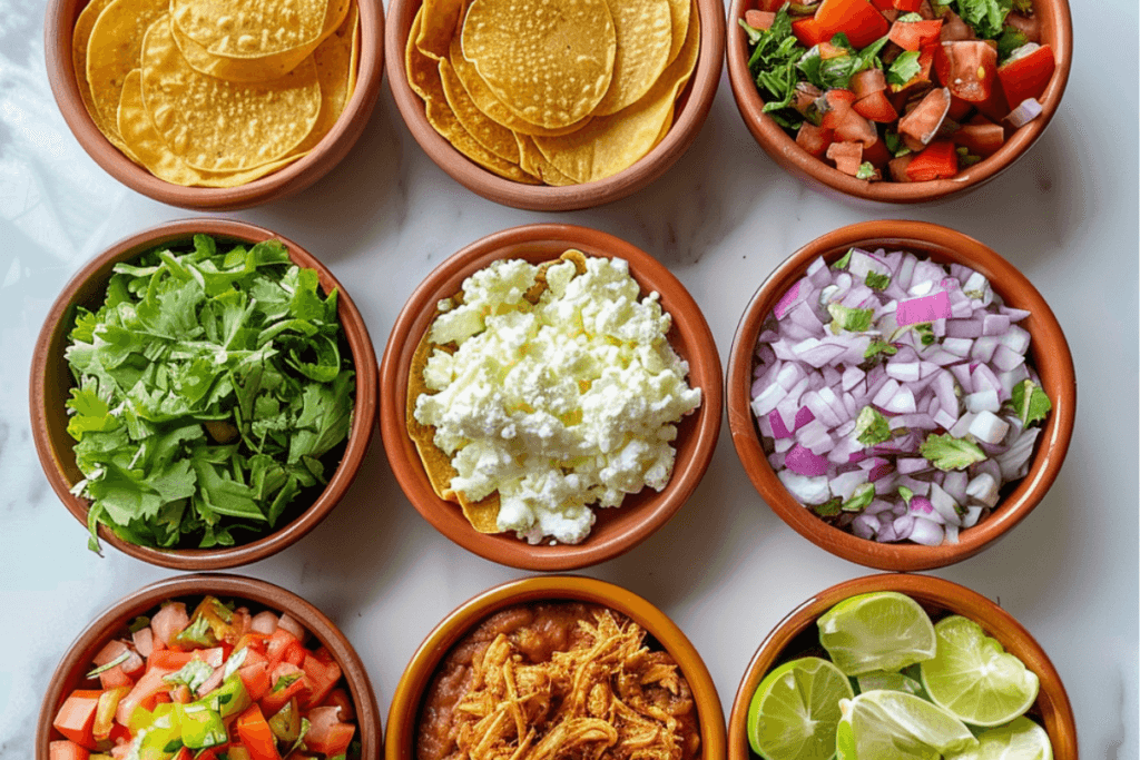 A front-view shot of rustic ceramic bowls neatly arranged on a white marble surface, each containing a key ingredient for crunchy chicken tostadas. The bowls hold crispy golden tostada shells, juicy shredded chicken, creamy refried beans, crumbled queso fresco, fresh diced tomatoes, shredded lettuce, red onions, and vibrant lime wedges. Soft natural lighting highlights the textures and colors, creating a visually appealing and inviting display of fresh ingredients.