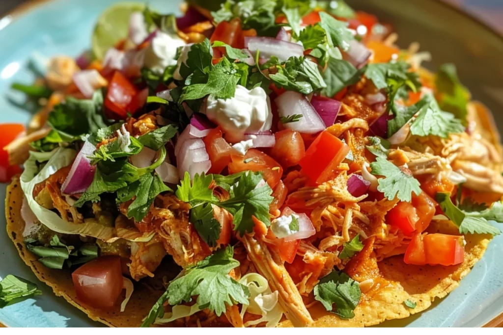 Crispy tostada layered with refried beans, seasoned chicken, crumbled queso fresco, fresh toppings, avocado, cilantro, lime, and hot sauce for a flavorful bite.