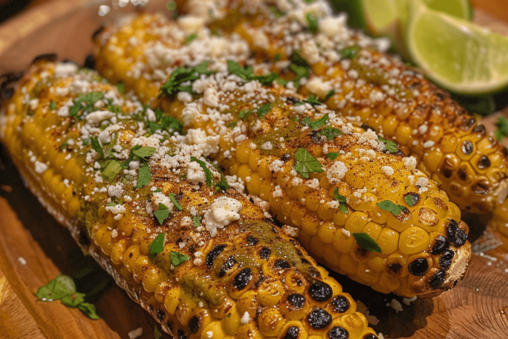 Grilled Mexican street corn (elote) coated in a creamy sauce, topped with crumbled queso fresco, chili powder, and fresh cilantro, served with lime wedges on a rustic wooden plate.