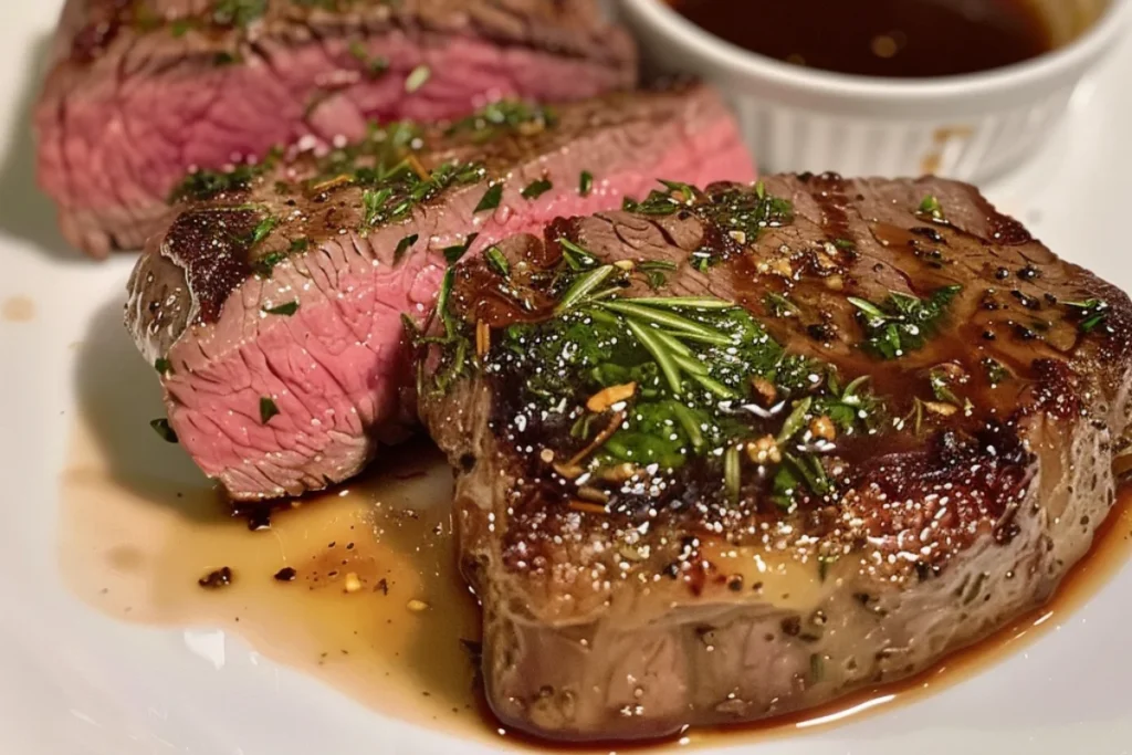A perfectly seared, juicy air fryer steak served on a white dish. One half remains whole, while the other is sliced into thick, tender pieces, revealing a pink center. The steak glistens with melted garlic butter and flavorful juices, garnished with salt, black pepper, and fresh rosemary. A small dish of steak sauce sits beside it for added flavor.