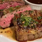 A perfectly seared, juicy air fryer steak served on a white dish. One half remains whole, while the other is sliced into thick, tender pieces, revealing a pink center. The steak glistens with melted garlic butter and flavorful juices, garnished with salt, black pepper, and fresh rosemary. A small dish of steak sauce sits beside it for added flavor.