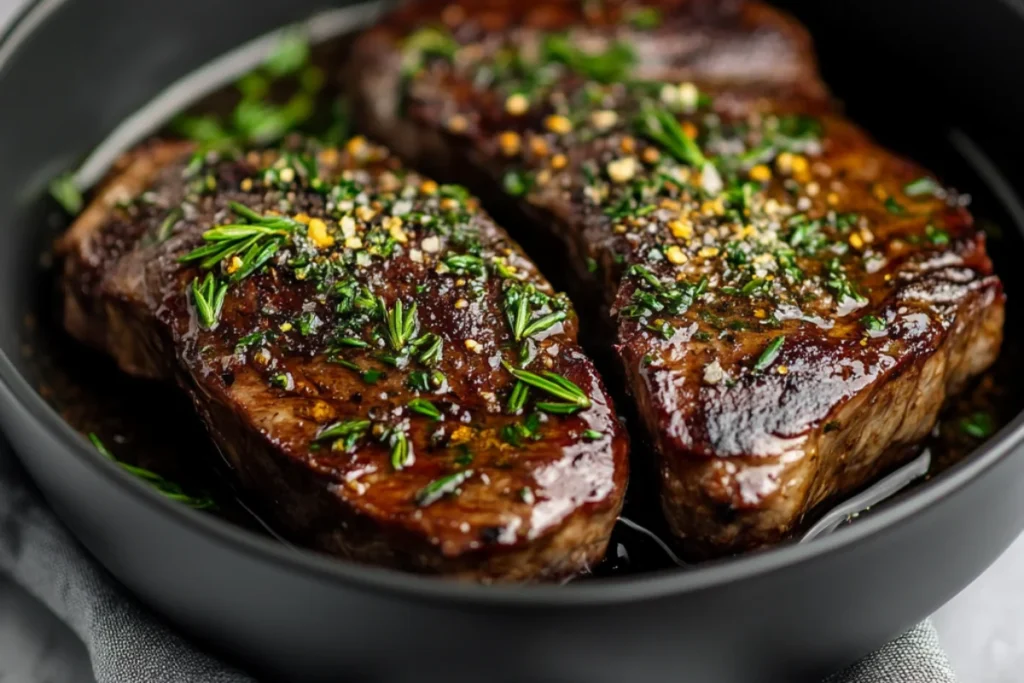 A juicy, perfectly seared steak cooked in an air fryer, resting on a white plate. The steak has a golden-brown crust with a tender pink center, glistening with melted garlic butter and seasoning. Fresh rosemary and a small dish of steak sauce sit beside it for added flavor.