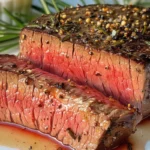 A perfectly cooked, juicy steak resting on a white plate after being air-fried. The meat has a golden-brown crust with a tender, pink center, glistening with its natural juices. Fresh rosemary and a small dish of melted butter sit beside it, enhancing the flavor.