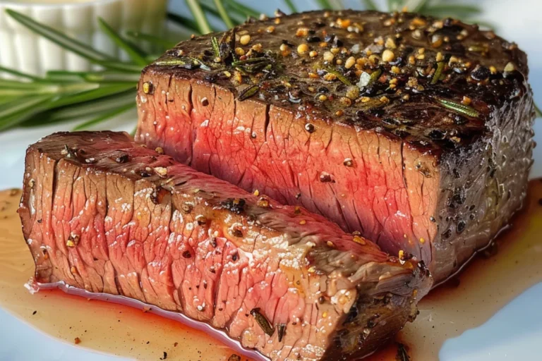 A perfectly cooked, juicy steak resting on a white plate after being air-fried. The meat has a golden-brown crust with a tender, pink center, glistening with its natural juices. Fresh rosemary and a small dish of melted butter sit beside it, enhancing the flavor.