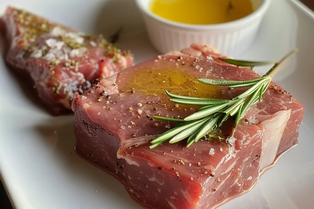 A raw steak soaking in a marinade inside a glass dish, surrounded by fresh herbs, garlic, and seasonings. The marinade glistens on the meat, enhancing its moisture and flavor