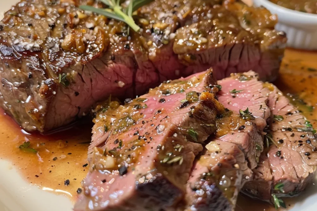 moist meat in your air fryer : A perfectly cooked, juicy steak resting on a white plate after being air-fried. The meat has a golden-brown crust with a tender, pink center, glistening with its natural juices. Fresh rosemary and a small dish of melted butter sit beside it, enhancing the flavor.