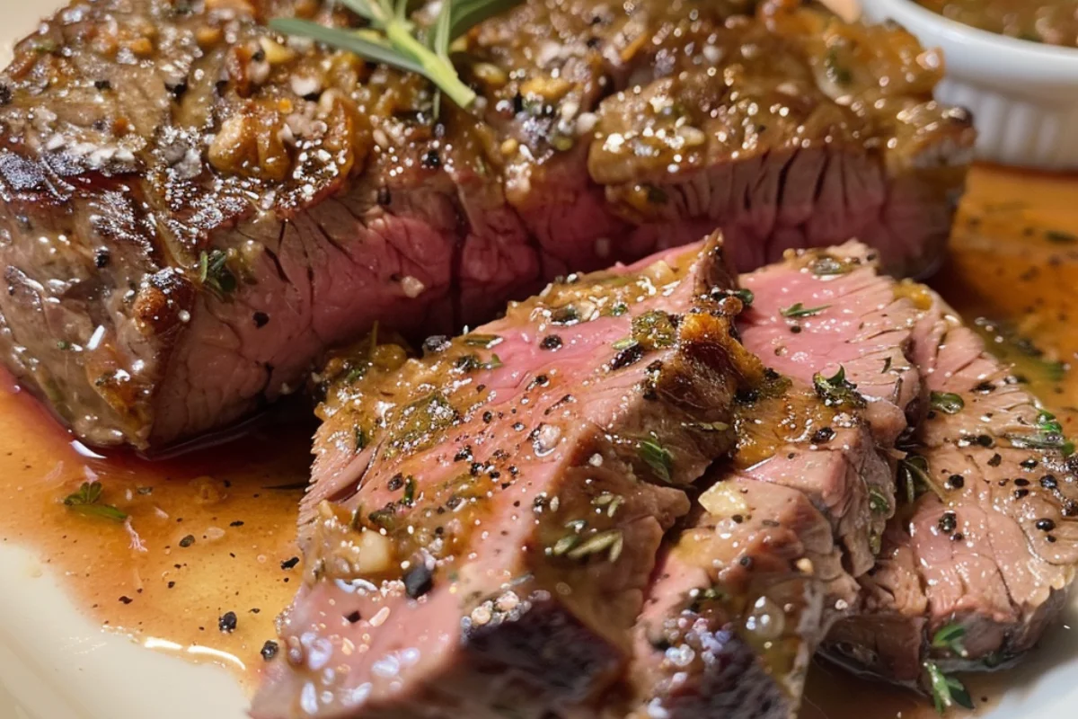 moist meat in your air fryer : A perfectly cooked, juicy steak resting on a white plate after being air-fried. The meat has a golden-brown crust with a tender, pink center, glistening with its natural juices. Fresh rosemary and a small dish of melted butter sit beside it, enhancing the flavor.