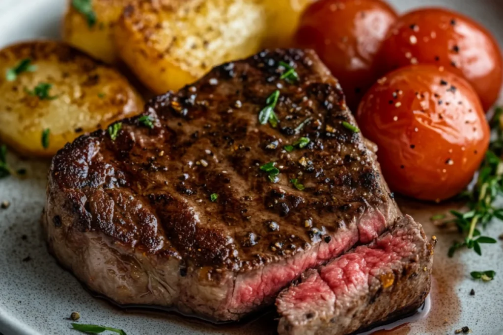 Best Way to Cook Steak in an Air Fryer – A perfectly cooked medium-rare steak with a seared crust, garnished with fresh herbs, and served with golden-brown roasted potatoes and seasoned cherry tomatoes on a plate.