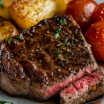 Best Way to Cook Steak in an Air Fryer – A perfectly cooked medium-rare steak with a seared crust, garnished with fresh herbs, and served with golden-brown roasted potatoes and seasoned cherry tomatoes on a plate.