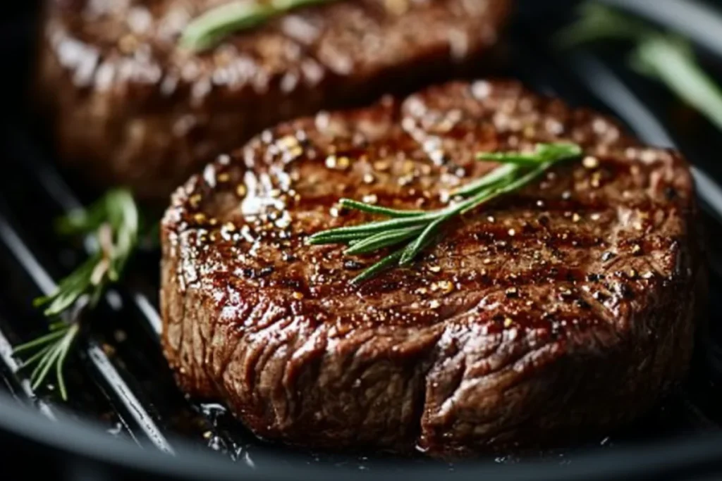 The Best Way to Cook Steak in an Air Fryer – A juicy, medium-rare steak with a perfectly seared crust, garnished with fresh herbs, and served with crispy roasted potatoes and seasoned cherry tomatoes on a plate.