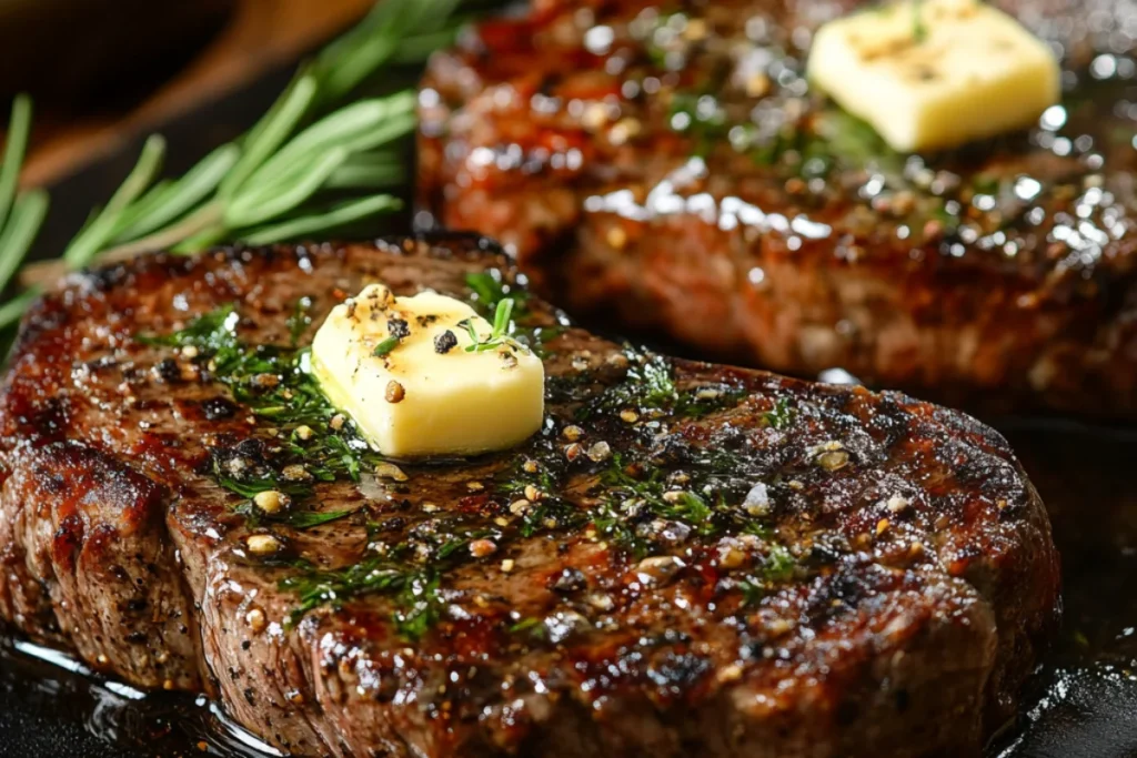 The Best Way to Cook Steak in an Air Fryer – A juicy, medium-rare steak with a perfectly seared crust, topped with melted butter and fresh herbs, served with crispy roasted potatoes and seasoned cherry tomatoes on a plate.