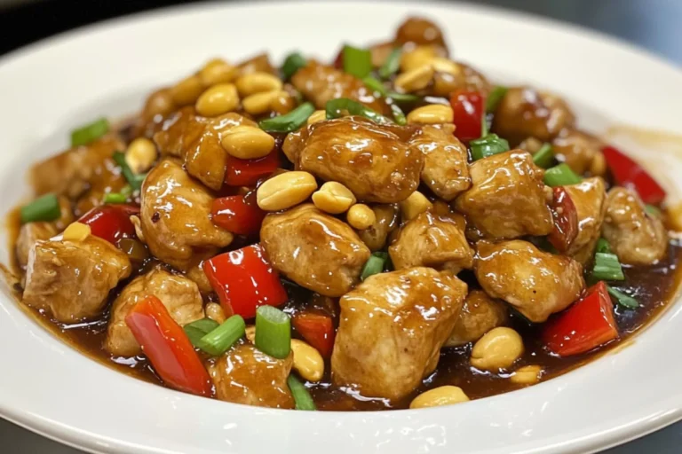 Spicy Kung Pao Chicken stir-fry with crispy chicken, dried chilies, Sichuan peppercorns, and peanuts in a glossy, savory sauce.