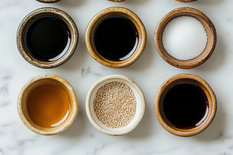Six small bowls arranged on a white surface, each containing a key sauce ingredient: light soy sauce, dark soy sauce, hoisin sauce, Chinkiang vinegar (or rice vinegar), sugar, sesame oil, and a cornstarch slurry. The sauces have a glossy texture, while the sugar and slurry provide contrast, showcasing the essential components for a flavorful dish.