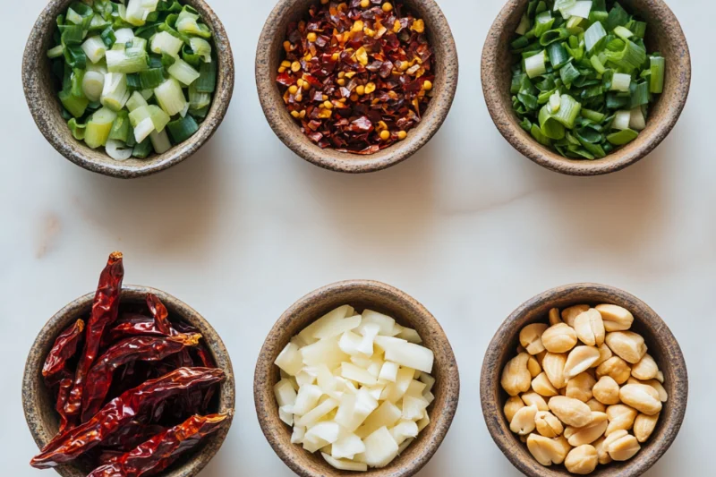 A top-down view of five small rustic ceramic bowls arranged on a white marble surface. Each bowl contains a key ingredient for a Sichuan recipe: dried red chilies, Sichuan peppercorns, finely minced garlic and ginger, freshly chopped green onions, and roasted peanuts. The ingredients are vibrant and fresh, with natural lighting highlighting their textures. The image has a homemade, unedited feel, resembling an amateur food photo.