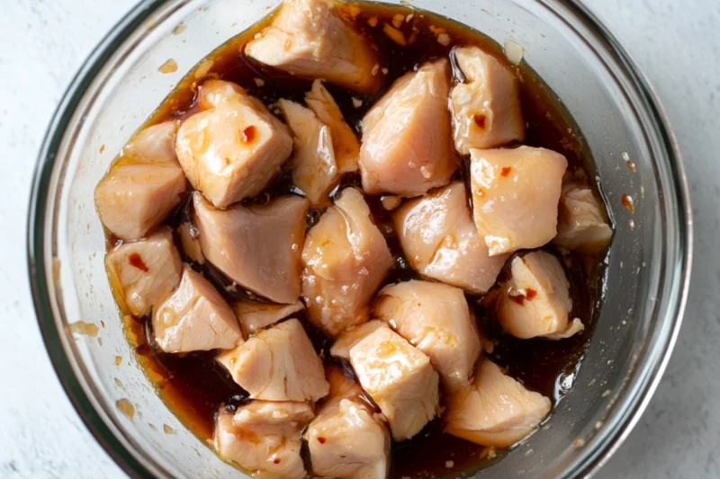 A bowl containing bite-sized cubes of boneless, skinless chicken being marinated with soy sauce. The chicken is evenly coated, preparing it for cooking. The image has a natural, homemade feel with soft lighting highlighting the texture of the ingredients.