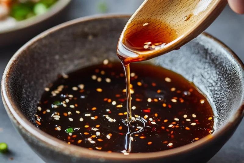 A small bowl with a mixture of light soy sauce, dark soy sauce, hoisin sauce, vinegar, sugar, sesame oil, and cornstarch slurry being whisked together to create a smooth, flavorful sauce. The rich, glossy texture of the sauce is highlighted under soft, natural lighting.