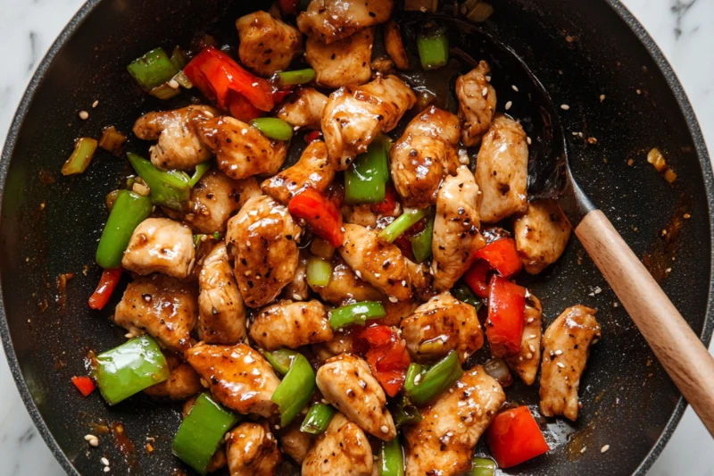 A wok with sizzling, golden-brown marinated chicken being stir-fried in hot oil. The chicken pieces are caramelized on the edges, with steam rising as they cook. A spatula stirs the chicken, ensuring even cooking. The background is slightly blurred, highlighting the rich texture and color of the dish.