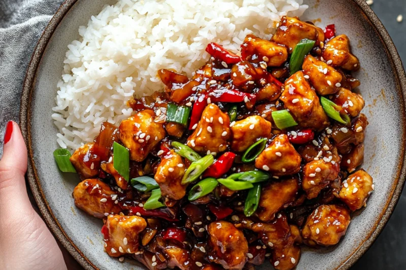 A plate of spicy Kung Pao Chicken garnished with fresh green onions and sesame seeds, served over steamed rice. The dish is vibrant with glossy sauce coating the chicken, peanuts, and dried chilies. Steam rises gently, emphasizing its freshly cooked, flavorful appeal.