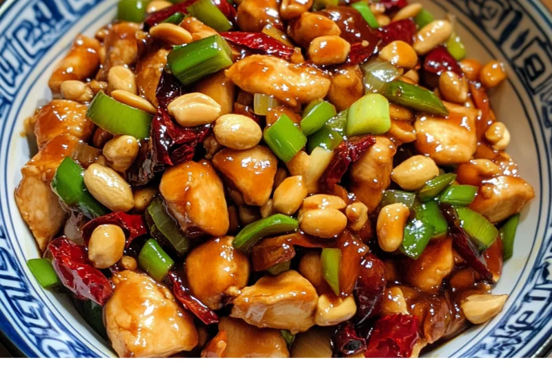 A list of pro tips for making the best Spicy Kung Pao Chicken, including advice on achieving the perfect balance of heat, texture, and flavor. The text is accompanied by a visually appealing background, possibly featuring key ingredients like dried chilies, Sichuan peppercorns, and sauce components.