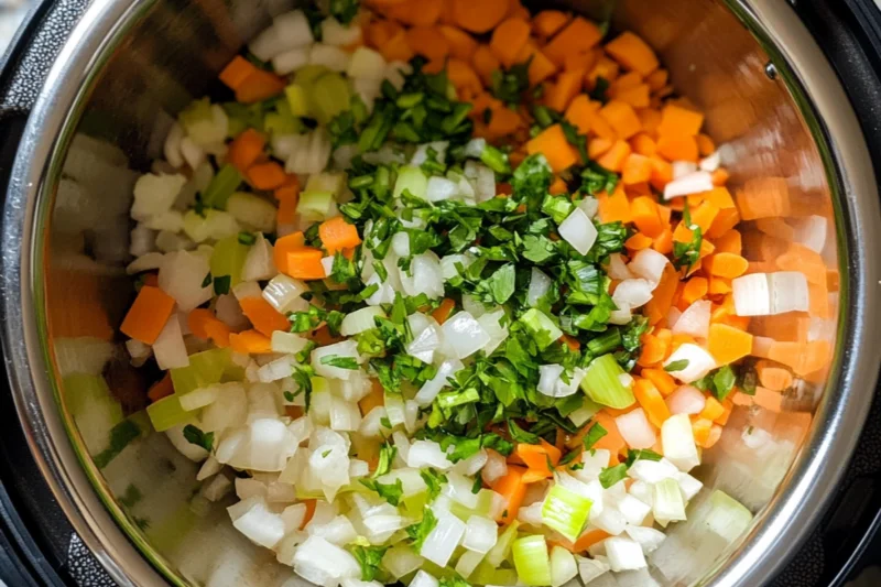Step-by-step instructions for sautéing aromatics in an Instant Pot: Heat olive oil, cook onion, carrot, and celery until softened, then add garlic and sauté until fragrant.