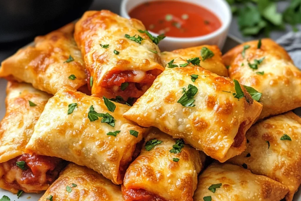 Golden-brown air fryer pizza rolls arranged on a plate, with a crispy outer crust and gooey melted cheese inside, served with a side of marinara dipping sauce.
