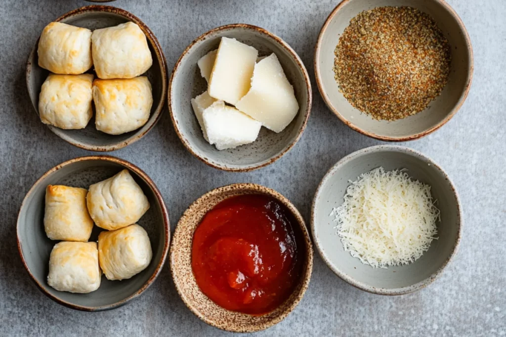 A top-down view of small bowls, each containing ingredients for air fryer pizza rolls, including frozen pizza rolls, marinara sauce, Italian seasoning, garlic powder, and shredded parmesan cheese, arranged on a neutral-toned background.