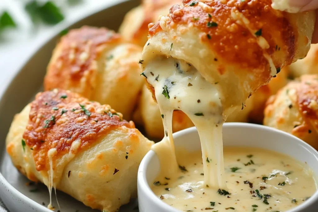 Crispy air fryer pizza rolls served on a plate with a side of creamy cheese sauce for dipping.