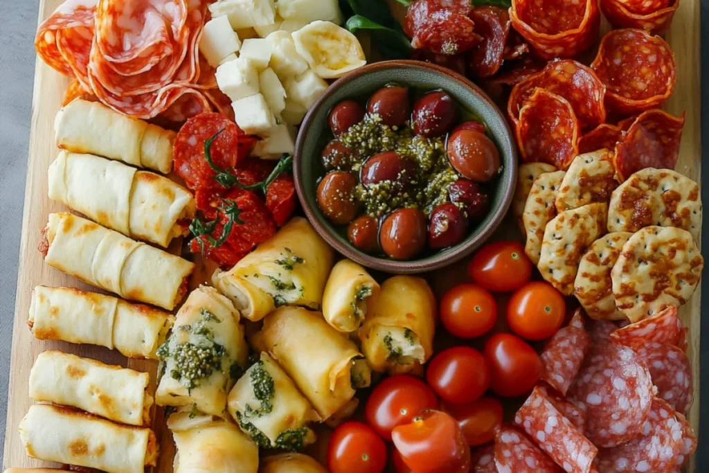 A loaded pizza roll platter featuring crispy air fryer pizza rolls topped with melted cheese, pepperoni slices, and a drizzle of marinara sauce, served with a side of ranch dressing and garnished with fresh basil.