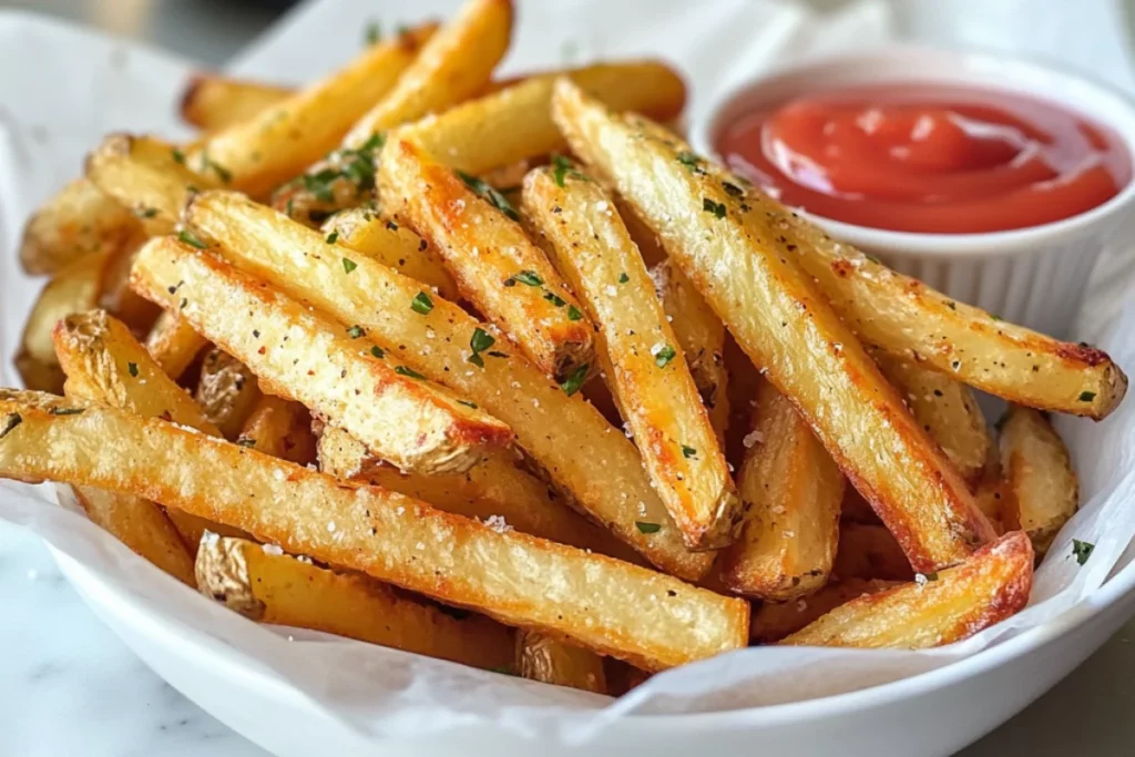 Golden, crispy French fries cooked in an air fryer, served in a basket with a side of ketchup. Perfectly seasoned and evenly cooked for a delicious, crunchy bite.