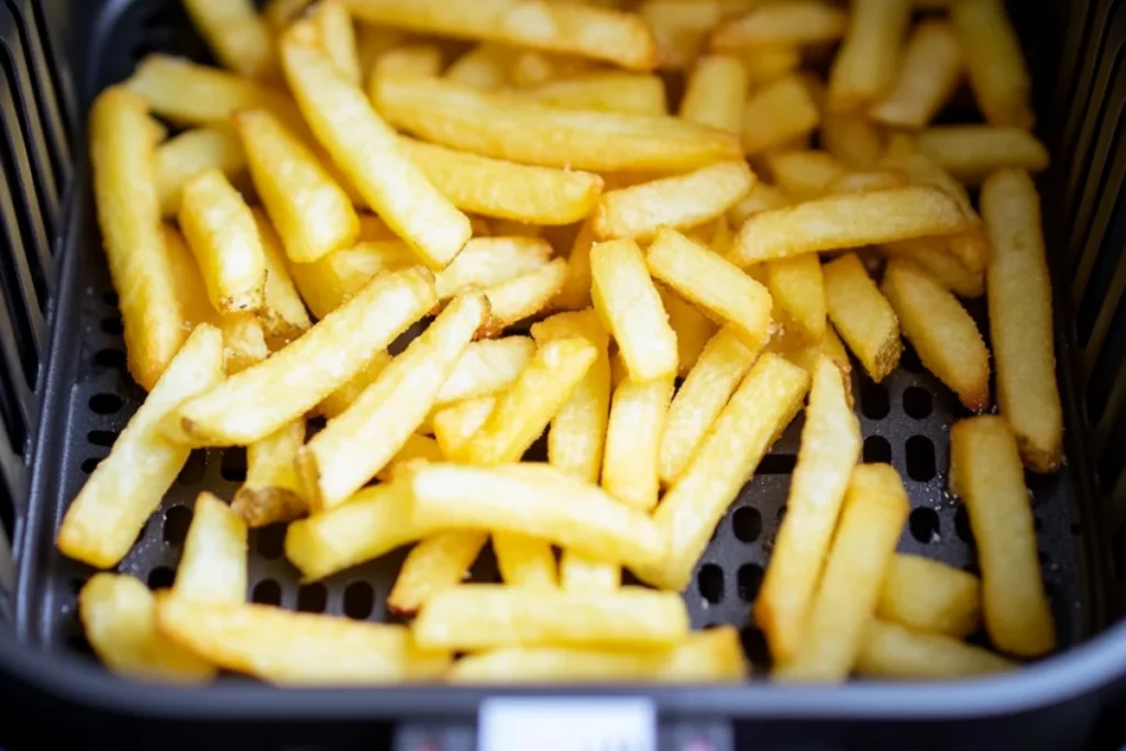 Frozen French fries placed in a single layer in an air fryer basket, ensuring even cooking and crispy texture.