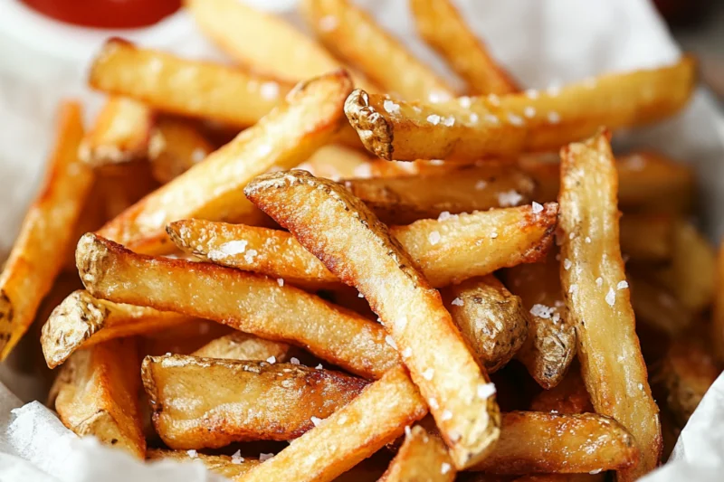 Crispy, golden air fryer frozen French fries served in a basket, perfectly cooked for a delicious and easy snack or side dish.