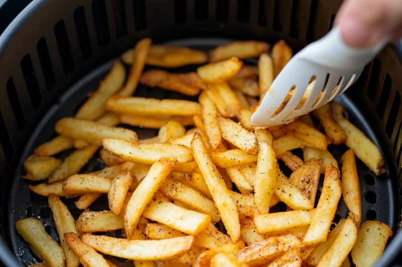 Golden, crispy French fries in an air fryer basket being checked for doneness, with an even texture and color. Adjusting cook time for perfect crispiness.