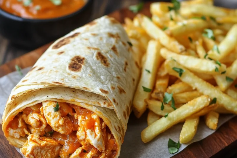 Crispy air fryer frozen French fries served with a Buffalo Chicken Wrap filled with spicy buffalo chicken, fresh lettuce, and creamy ranch dressing.
