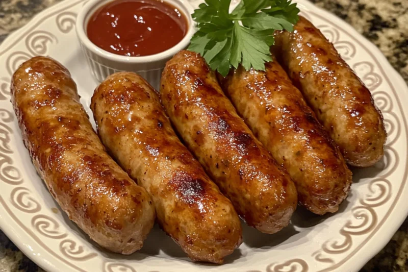 Golden brown air fryer sausage links neatly arranged on a ceramic plate with garnish, served in a cozy kitchen setting with natural lighting,