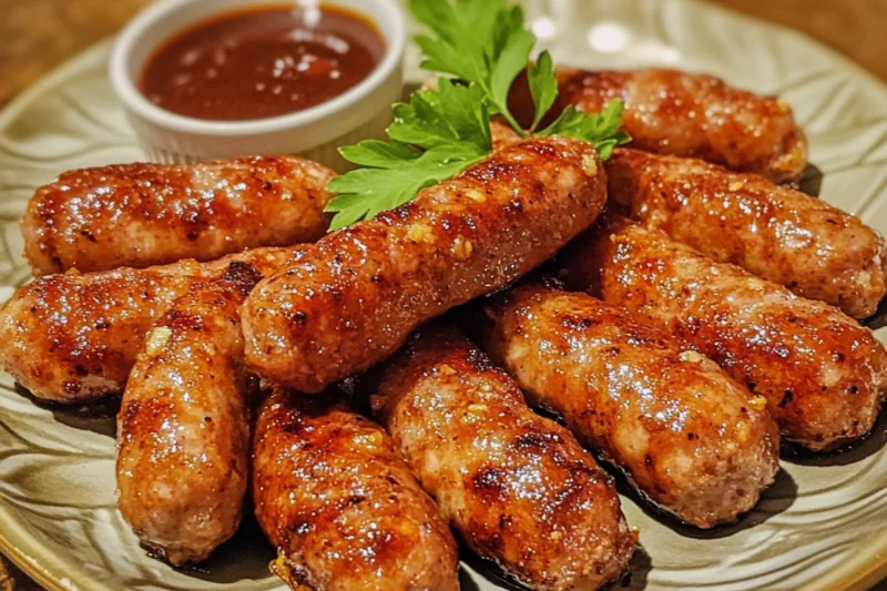 Close-up of the best sausage links, cooked to a golden brown with a crispy exterior, served neatly on a plate in a home kitchen setting.