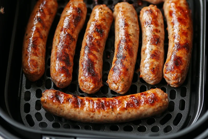 Sausage links arranged in a single layer in an air fryer basket, ensuring even cooking with proper airflow.