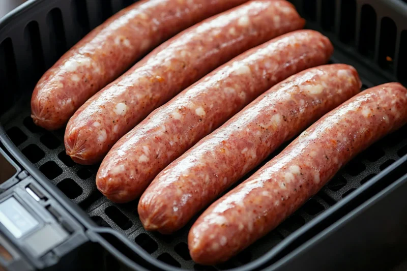 Raw sausage links neatly arranged in a single layer inside an air fryer basket, ready for cooking.