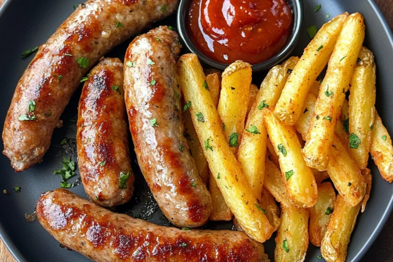 Golden, crispy air fryer frozen French fries served alongside perfectly cooked sausage links for a delicious, easy all-air-fried meal.