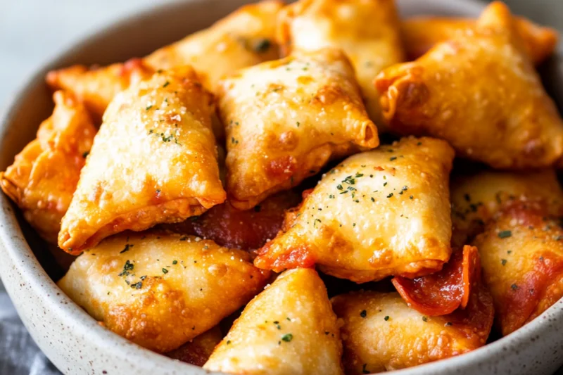 Pizza rolls frying in an air fryer basket, turning golden brown and crispy during cooking