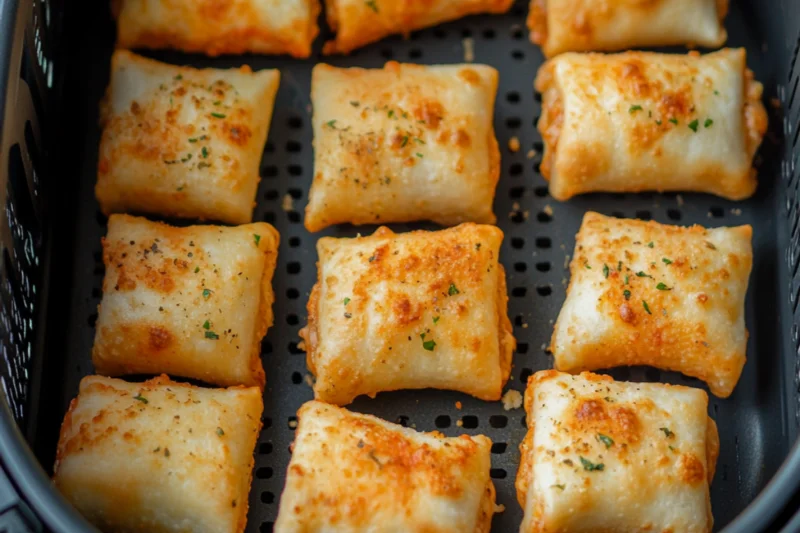 Frozen pizza rolls placed in an air fryer basket, ready to cook without thawing for a quick and crispy snack.