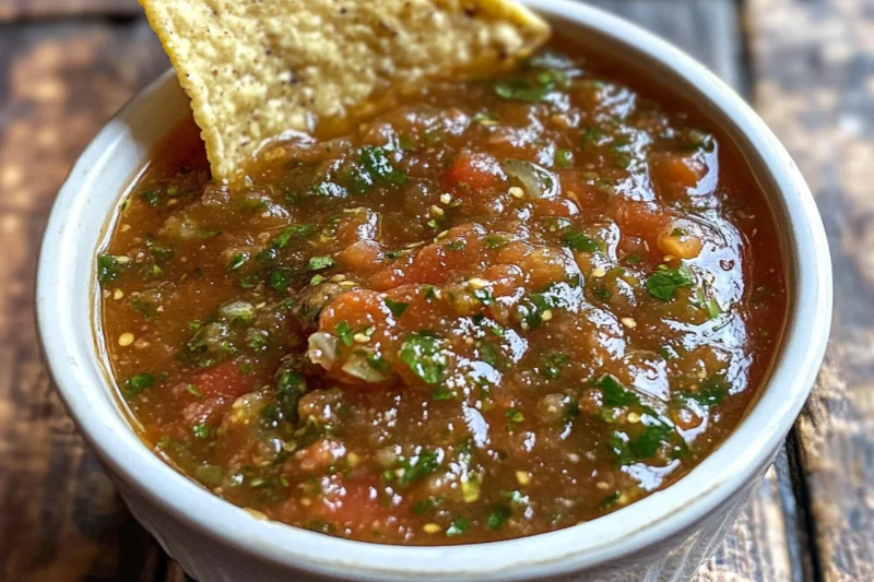 Slightly zoomed-in front-facing photo of slightly mushed homemade Mexican salsa in a white ceramic bowl. The salsa has red and green tones, with a tortilla chip dipped in. Surrounding the bowl are scattered ingredients like chopped tomatoes, jalapeños, garlic, cilantro, and a lime wedge, all set on a rustic wooden kitchen surface with soft natural lighting.
