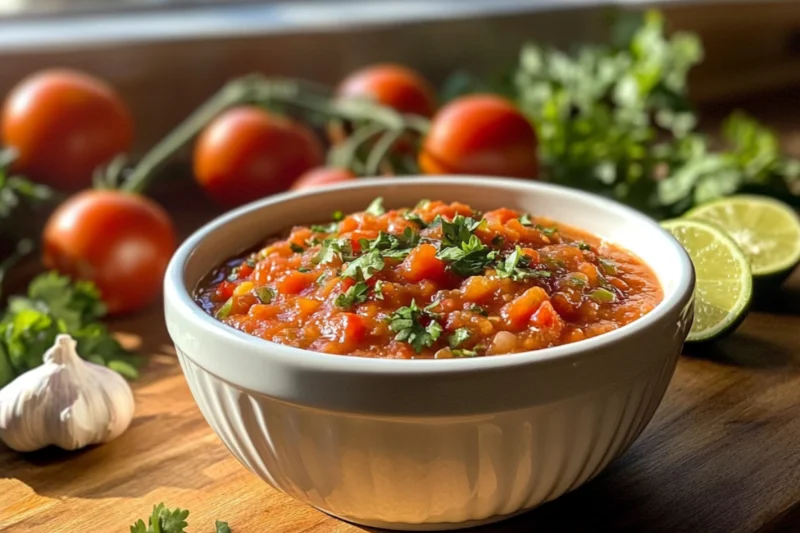 Front-facing, slightly zoomed-in photo of slightly mushed homemade salsa in a white bowl on a rustic kitchen surface, with soft natural light and a cozy, casual vibe.