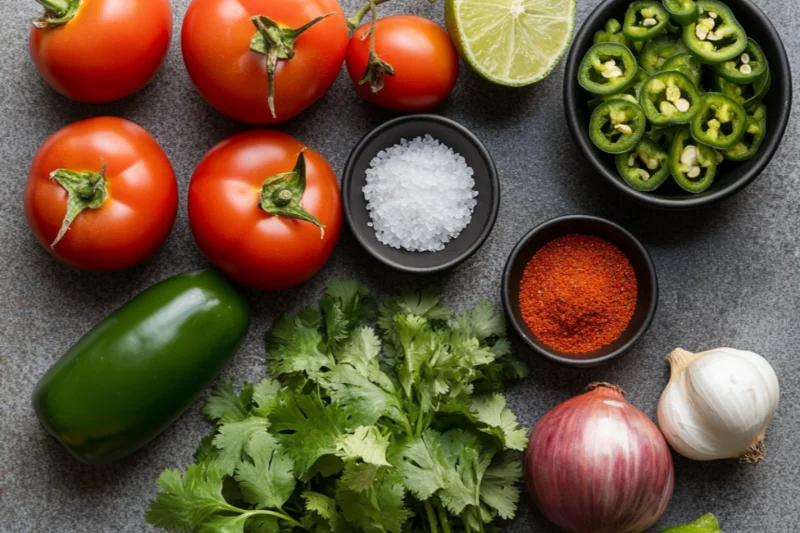 Top-down view of fresh salsa ingredients arranged on a smooth gray stone countertop. Items include Roma tomatoes, a white onion, jalapeños, cilantro, a lime, garlic cloves, and small black bowls filled with salt, cumin, black pepper, and chili powder. The scene is softly lit with natural light, styled minimally with a rustic, homemade feel.