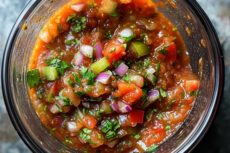 Top-down view of a food processor with slightly mushed salsa — smooth with visible herb and vegetable flecks — on a gray stone countertop, lit with soft natural light in a cozy kitchen setting.