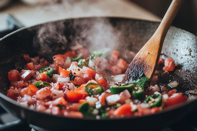 Charred tomatoes, onion, garlic, and chilies in a dry skillet with blackened spots. A hand holds a wooden spoon stirring the ingredients, capturing a smoky, rustic kitchen moment.