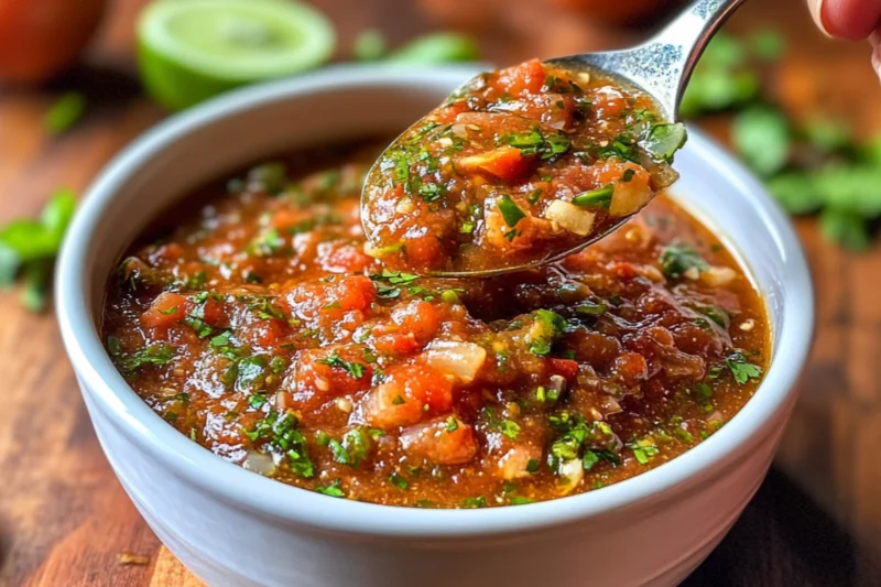 A spoonful of slightly mushed Mexican salsa being lifted from a white ceramic bowl. The salsa is rich red with visible chunks of tomato, onion, garlic, and cilantro. The bowl sits on a wooden surface with fresh ingredients like lime and tomatoes blurred in the background.