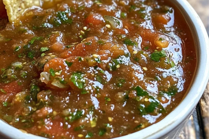 zoomed-in front-facing photo of slightly mushed homemade Mexican salsa in a white ceramic bowl. The salsa has red and green tones, with a tortilla chip dipped in. Surrounding the bowl are scattered ingredients like chopped tomatoes, jalapeños, garlic, cilantro, and a lime wedge, all set on a rustic wooden kitchen surface with soft natural lighting.