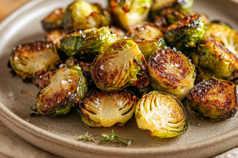 Air fryer frozen Brussels sprouts : Close-up of crispy air fryer Brussels sprouts, halved and golden-brown, served on a ceramic plate and sprinkled with sea salt, photographed in natural lighting in a cozy kitchen setting.