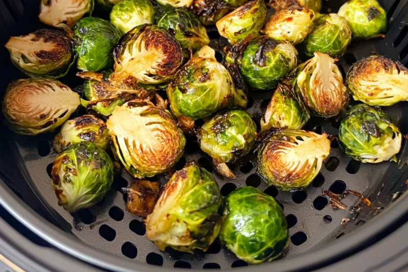air fryer frozen Brussels sprouts. Crispy, golden-brown Brussels sprouts fresh out of the air fryer basket, with caramelized edges and charred bits.